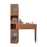 Makeup vanity featuring storage cabinets, open shelves, and multiple drawers for organization